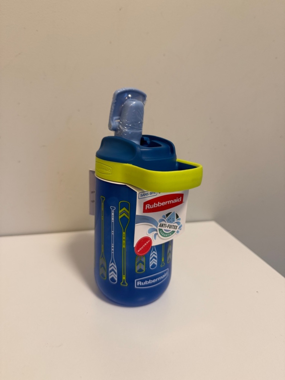 Rubbermaid Blue Water Bottle with Lime Green Handle and Navy Lid